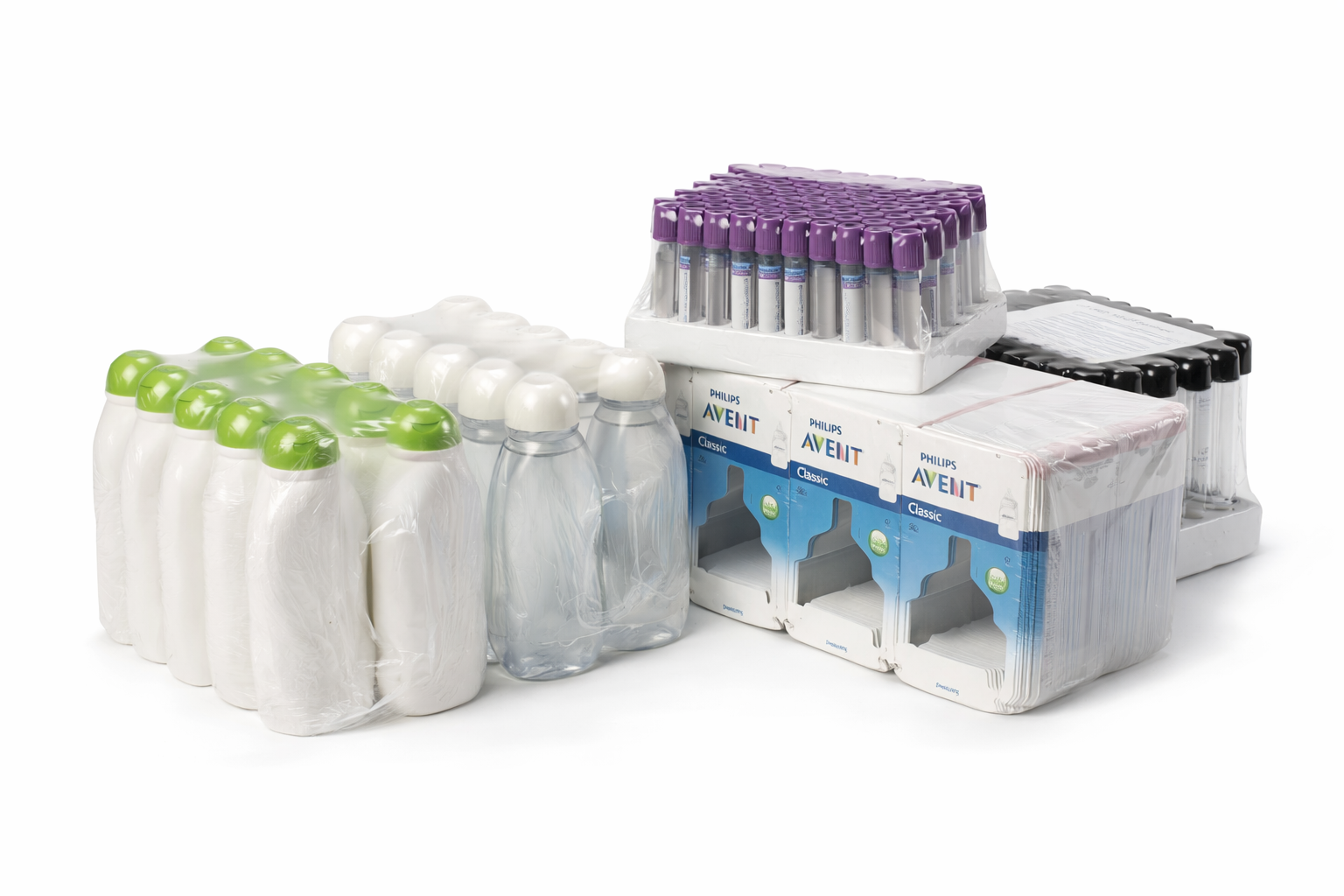 Shrink-wrapped product assortment on display